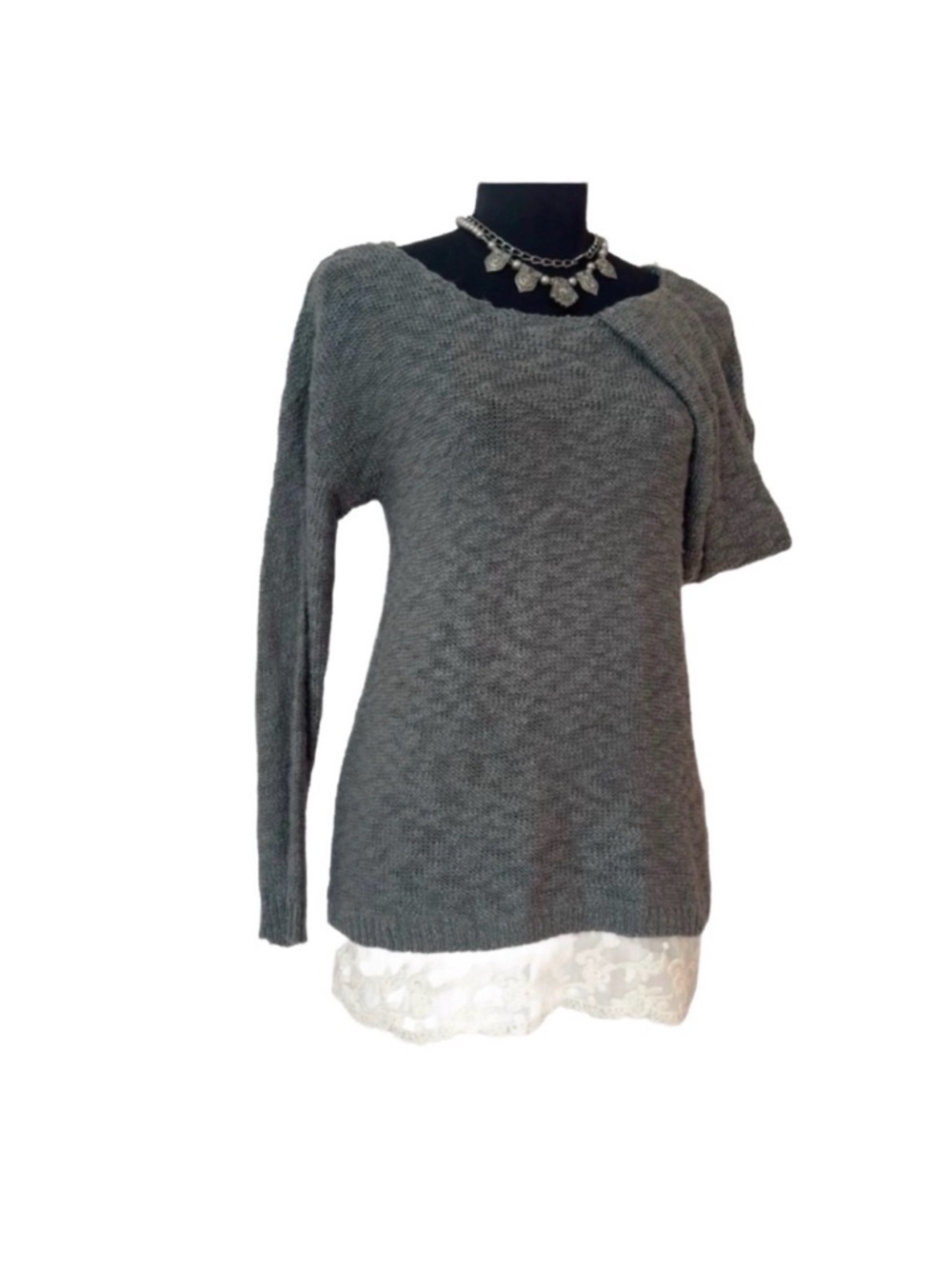 #6 HIPPIE ROSE ~ Heathers Gray Knit Sweater w/Lace Details at Neckline & Hemline